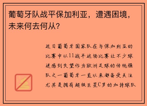 葡萄牙队战平保加利亚，遭遇困境，未来何去何从？
