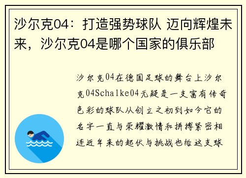 沙尔克04：打造强势球队 迈向辉煌未来，沙尔克04是哪个国家的俱乐部