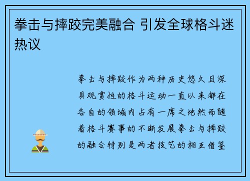 拳击与摔跤完美融合 引发全球格斗迷热议